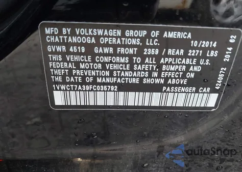 2015 Volkswagen Passat 1.8T Sel Premium из США, поврежденный, VIN 1VWCT7A39FC035792